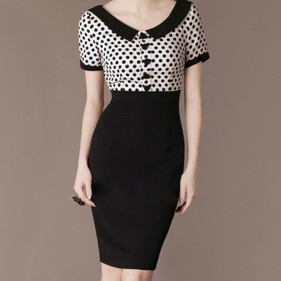 Miusol Retro Polka Dot Peter Pan Collar Colorblock Wiggle Dress - Picture 2 of 9